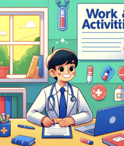 A cartoon of a young medical student at a desk, surrounded by tools like a laptop, notepad, and pen. The room is bright and colorful, with symbols of the medical field such as a stethoscope, a heart symbol, and a medical cross. The student is smiling and focused on their work.